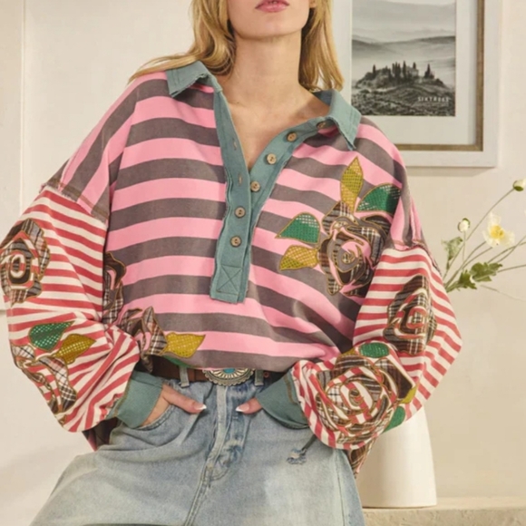 Oli & Hali Tops - Oli And Hali Oversized Patchwork Pullover Women's XL Striped Pockets Slouchy